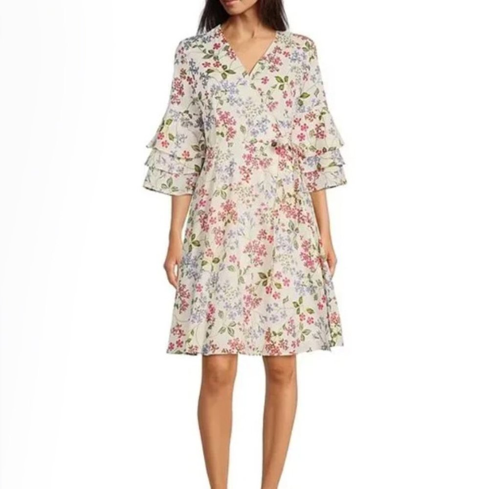 Calvin Klein White Pink Blue Bell Layered Sleeve Floral Pocket Cotton Wrap Dress